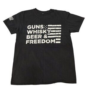Shield Republic Men’s Black T-Shirt - Guns, Whiskey, Beer, Freedom, Medium